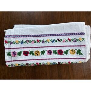 Vintage Embroidered Table Runner 100"  Long White Floral Folk Art Cross Stitch
